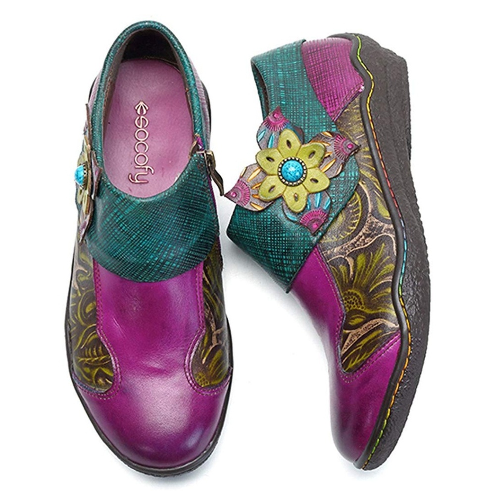 Socofy Boho Plant Pattern Flower Leather Oxford